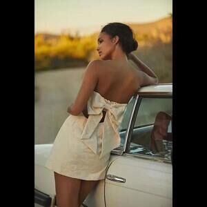 Anthropologie Strapless Textured Bow Tie Shift Mini Dress Ivory Size 6